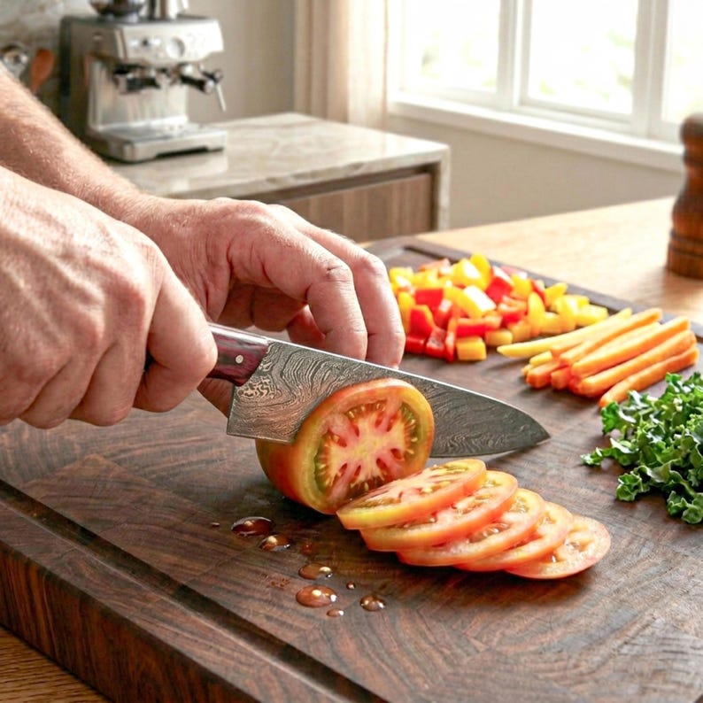 Peut inclure: Un couteau de chef en acier Damas avec un manche en bois fonc&eacute; tranchant une tomate rouge sur une grande planche &agrave; d&eacute;couper en bois brun fonc&eacute;. &Agrave; c&ocirc;t&eacute; de la tomate se trouvent des poivrons jaunes et rouges, des carottes et du chou fris&eacute;.