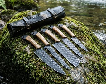 Hand Forged Damascus Chef Knife Set | 5 Piece Kitchen Knives with Leather Roll