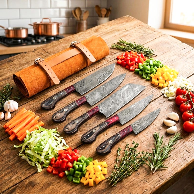 Ensemble de chef en acier damas, ensemble de chef damas forgé à la main, couteau de chef damas, couteau de cuisine, ensemble de couteaux pour barbecue en acier damas faits main cadeau HOMME Luxury Chef Set