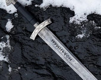 Hand Forged Damascus Steel Northmen Sword, Medieval Viking Long Sword, Roman Sword W/Scabbard & Wall Display, Medieval Props, Christmas Gift