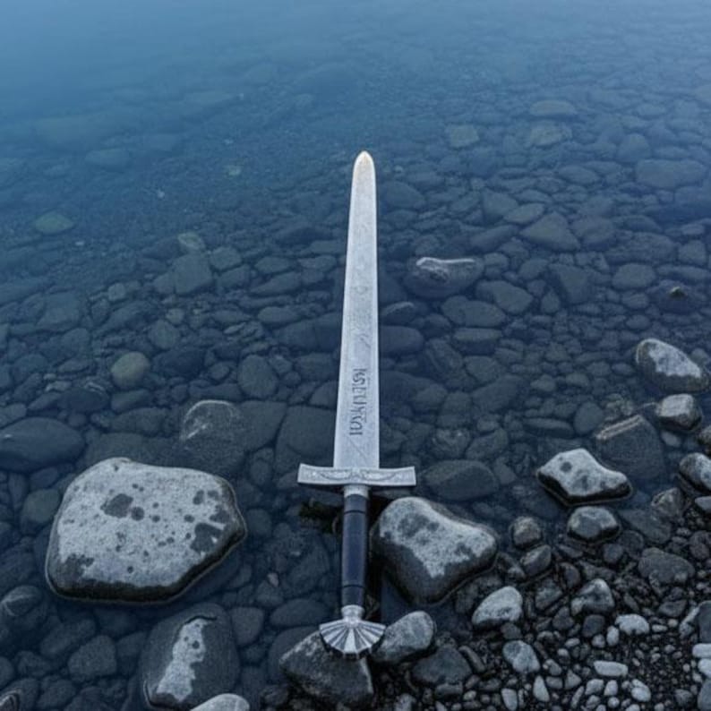 May include: A silver sword with a black handle and a decorative hilt stands upright in shallow water. The blade has etched text. The sword is surrounded by gray rocks in the water.