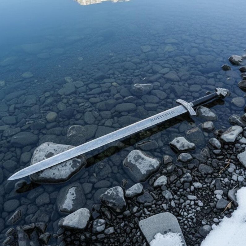 May include: A silver sword with a black handle rests in shallow water among gray rocks. The blade has a patterned design and the word "KOELHIKKEN" is etched on it. The sword's crossguard is silver.