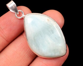 Blue Aragonite Cabochon Pendant: Handmade Sterling Silver Necklace