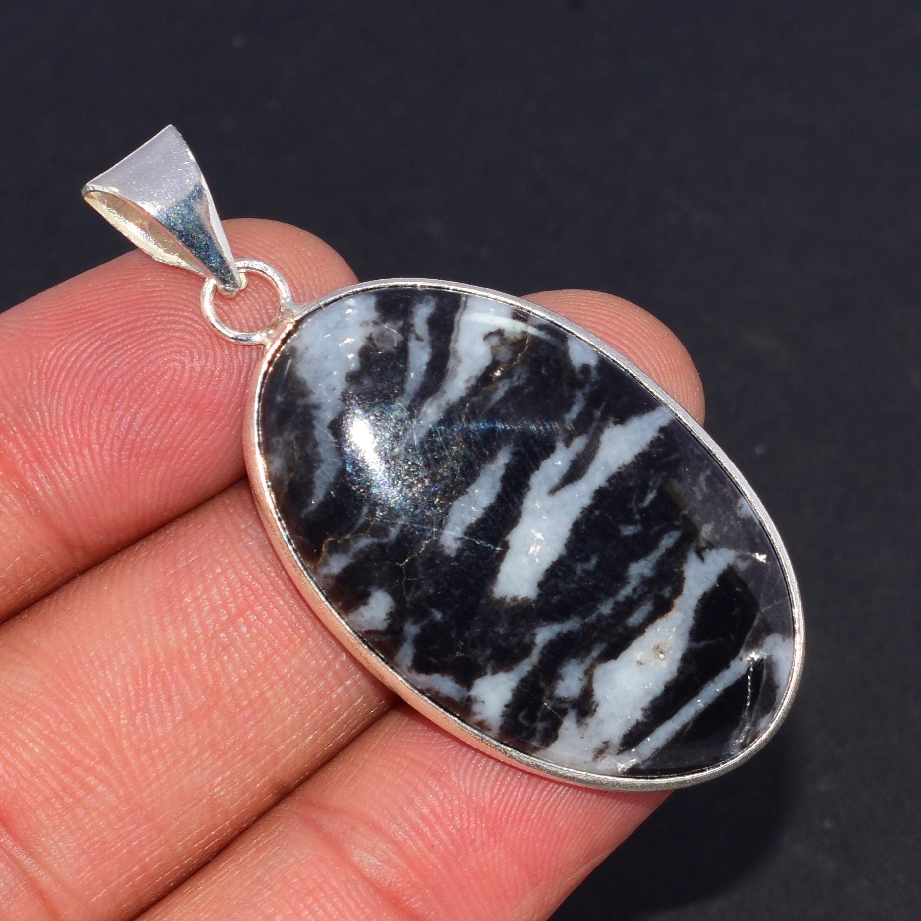 Natural Black Zebra Jasper Oval Pendant, 925 Sterling Silver