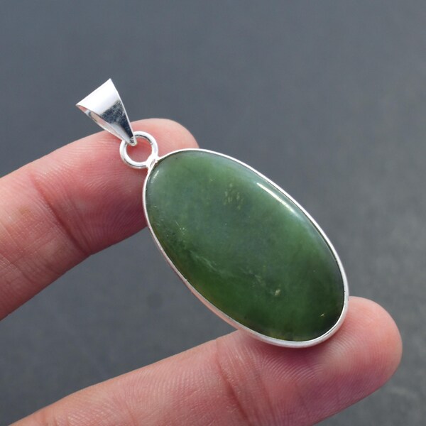 Natural Nephrite Jade Pendant, 925 Sterling Silver Jewelry, Oval Gemstone Necklace, Handmade Pendant, Serpentine Necklace,