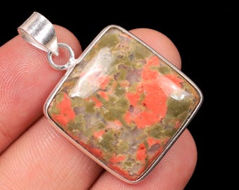 Sterling Silver Unakite Jasper Pendant: Square Green Cabochon Necklace