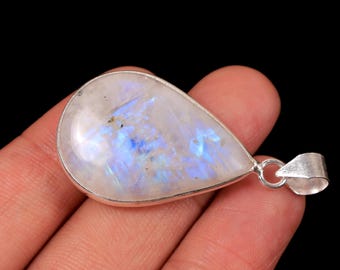 Pear Rainbow Moonstone Pendant, 925 Sterling Silver Bezel Necklace