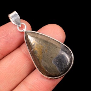 May include: A teardrop-shaped pendant with a silver bail. The pendant features a polished, iridescent stone with shades of gray, brown, and gold. The stone is set in a silver bezel, creating a striking contrast against the dark background.