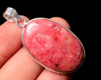 Oval Rhodonite Pendant, Sterling Silver Bezel, Handmade Necklace