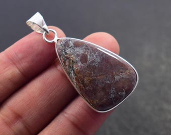 Unique Rhodonite Cabochon Necklace, 92.5 Sterling Silver Pendant, Vintage Handmade Jewelry, Healing Stone Necklace