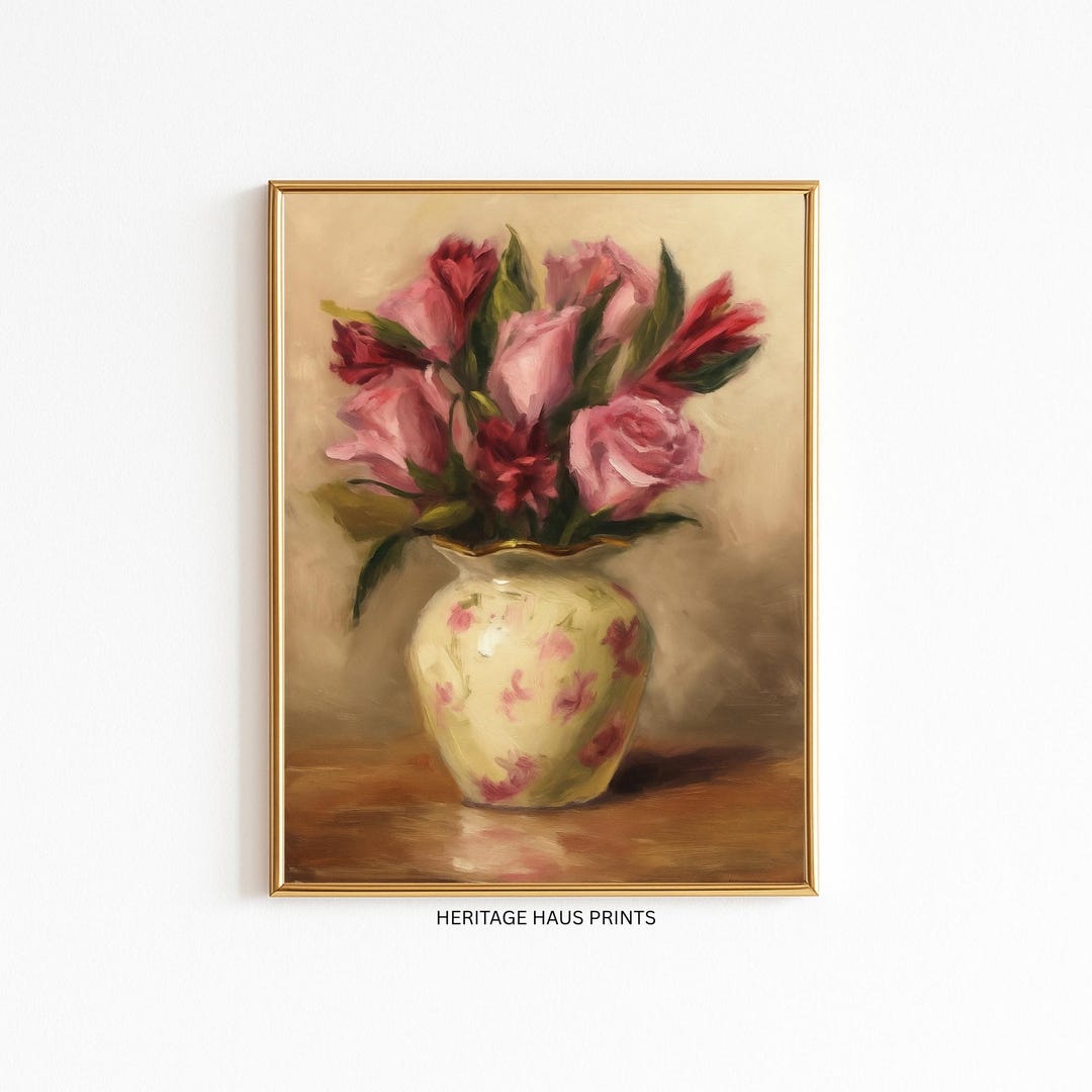 Pink Roses Still Life Print | Vintage Floral Vase (digital Download) - Etsy