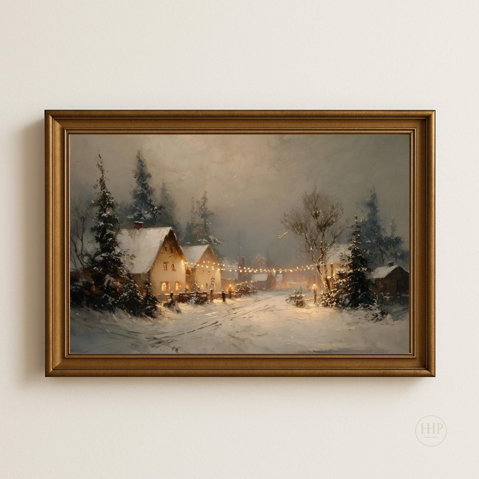 Vintage Christmas Village Wall Art | Snowy Holiday Landscape Print ...