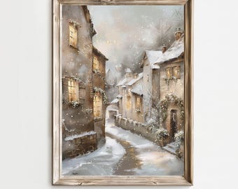 Christmas Village Painting, Snowy European Street, Holiday Decor (Digital Download)