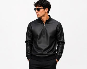 Black Leather Quarter Zip Sweatshirt for Men, Genuine Sheep Leather Pullover, Mock Neck Top
