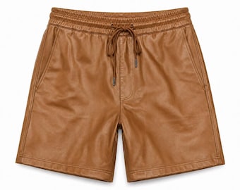 Men’s Lambskin Leather Shorts Elastic Waist Drawstring Casual Streetwear