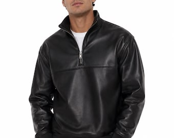 Herren schwarzes Leder Oversized Sweatshirt | Halbe Reißverschluss-Tropfen-Schulter Streetwear