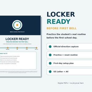 Könnte beinhalten: Ein digitales Dokument mit dem Titel Locker Ready, Middle School Practice Kit. Es enthält eine Zeitstrahlgrafik, eine Checkliste für den Inhalt des Kits und Text, der eine Routine für Schüler beschreibt. Das Design verwendet dunkelblaue, türkise und gelbe Akzente.