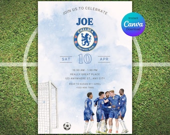 Invitación de cumpleaños del Chelsea Football Club, invitación para fiesta de fútbol del Chelsea, editable y descarga instantánea.