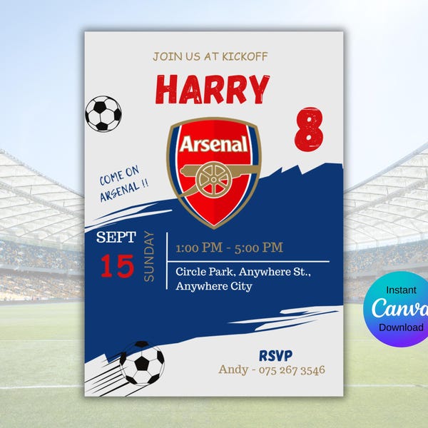 Invitación de cumpleaños editable del Arsenal: Fiesta temática de fútbol