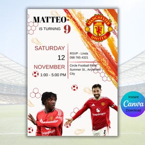 Op de afbeelding: Een uitnodiging voor een feestje met het Manchester United-logo en twee spelers in rode shirts. De uitnodiging bevat de tekst "MATTEO wordt 9" en evenementdetails voor zaterdag 12 november.