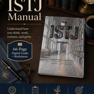 以下が含まれることがあります： 66ページのデジタルガイド「The ISTJ Manual」。表紙には図書館の内部が描かれています。テキストには著者Katia Dench, Dip. Personality Testingと、サブタイトル「Evidence-based insights from cognitive psychology—simplified for real life」が記載されています。