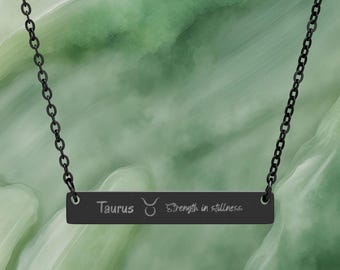 Engraved TaurusHorizontal Bar Necklace, Personalized Zodiac Bar Pendant