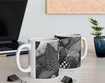 Artistic Ceramic Coffee Mug: Black & White Intricate Design