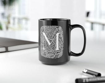 Monogram M Letter Mug | Black Ceramic Mug with Floral Pattern