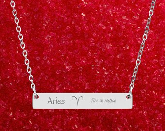 Aries Zodiac Bar Necklace | Horizontal Engraved Necklace