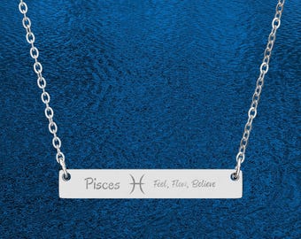 Pisces Zodiac Engraved Bar Necklace | Horizontal Name Bar