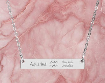 Aquarius Zodiac Bar Necklace | Engraved Astrology Pendant