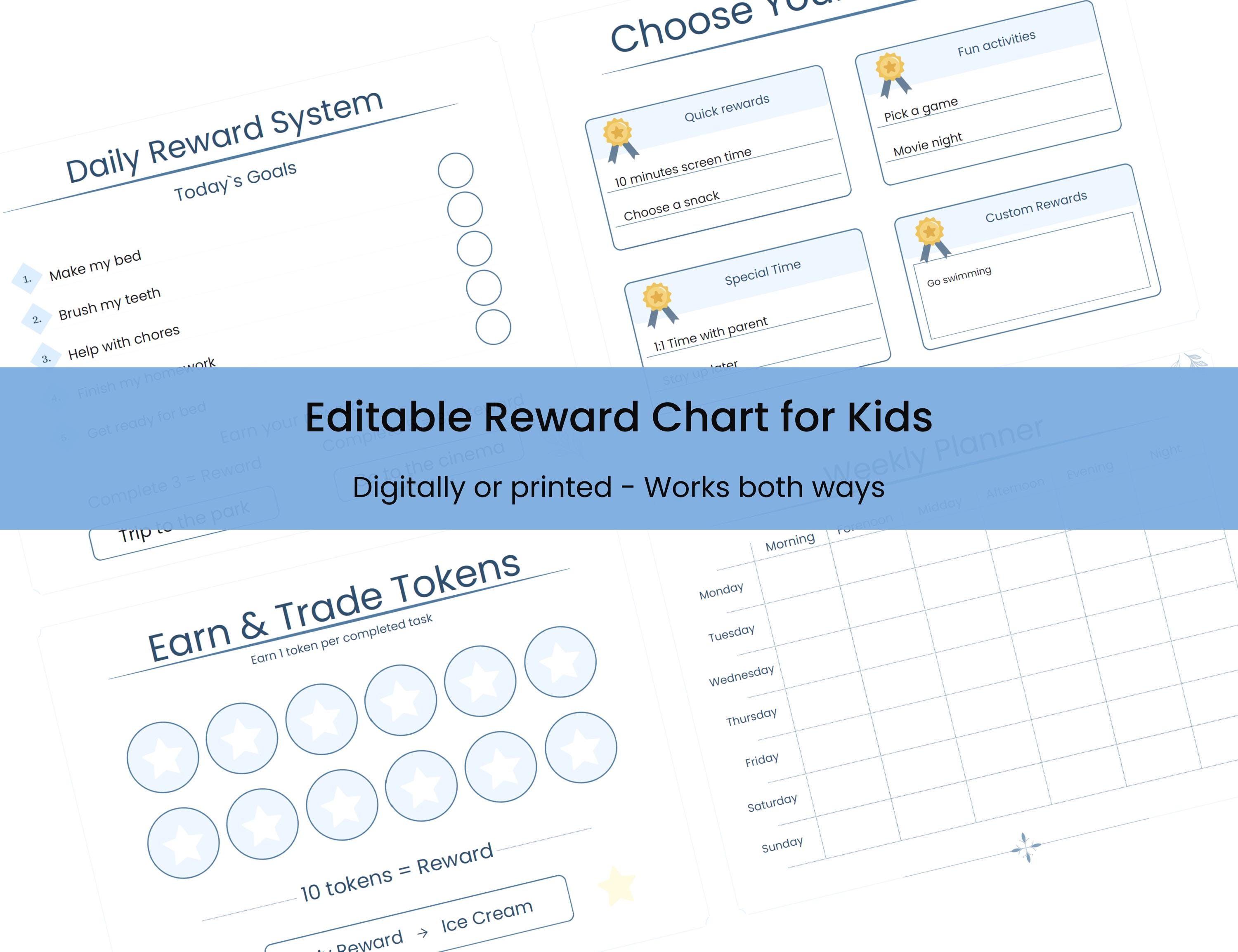 Editable Reward Chart for Kids, Behavior Chart, Daily and Weekly ...