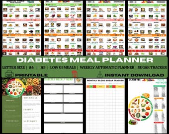 Plan de comidas y recetas para diabéticos de 7 días / Planificador de comidas imprimible en PDF + Registro de glucosa en sangre / Plantilla de dieta de descarga instantánea