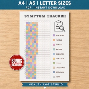 May include: A printable symptom tracker document featuring a grid for tracking health conditions over twelve months. The page includes a legend with colour-coded categories like headache, fatigue, and anxiety, alongside a clipboard icon and text.