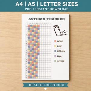 May include: An Asthma Tracker printable document featuring a grid for months and days, an inhaler icon, and a colour-coded legend for symptom levels. The text reads A4 | A5 | LETTER SIZES, PDF | INSTANT DOWNLOAD, ASTHMA TRACKER, and HEALTH LOG STUDIO.