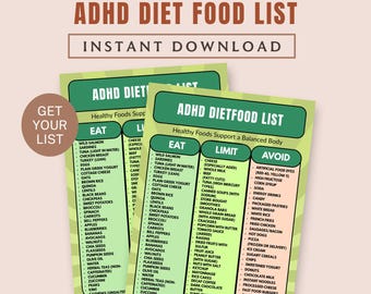 Puede incluir: Dos imprimibles verdes de la lista de alimentos para la dieta TDAH con categorías "Comer, Limitar, Evitar". Las listas incluyen alimentos como salmón salvaje, pechuga de pollo y varias frutas y verduras. El texto "Descarga instantánea" está en la parte superior.