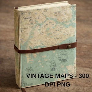 May include: A vintage-style journal with a map design. The cover features a detailed map with the word "Singapore" and a scale of 1:75,000. A brown leather strap wraps around the journal, securing it. The text "VINTAGE MAPS - 300 DPI PNG" is printed on the cover.
