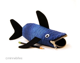 Shark Pencil Bag, Back to School Case for Kids, Blue Fish Pouch Office Supplies. Tidal Wave Shark.