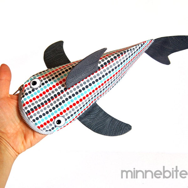 Modern Dots Shark by Minnebites / Pencil Case - Shark Bag - Office Organizer - Handmade Fish Zipper Pouch - Gift for Guys - Personalized Bag