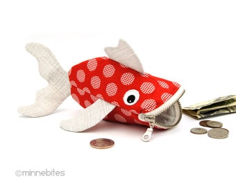 Fish Coin Purse - Red Fish - Kids Toy Bag - Zipper Pouch Organizer - Fun Childrens Bag - Ready to Ship