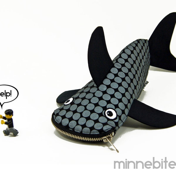 LAST ONE Stealth Shark by MinneBites / Guys Scuba Diver Gift - Geeky Shark - Black Sea Pencil Bag - Desk Accessory - Office Organizer
