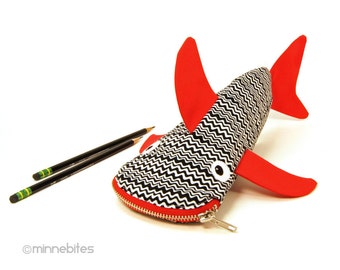 Back to School Pencil Case, Shark Zipper Pouch, Kids Storage Bag. Funny Gift for Boys. Red & Black. Ziggy.