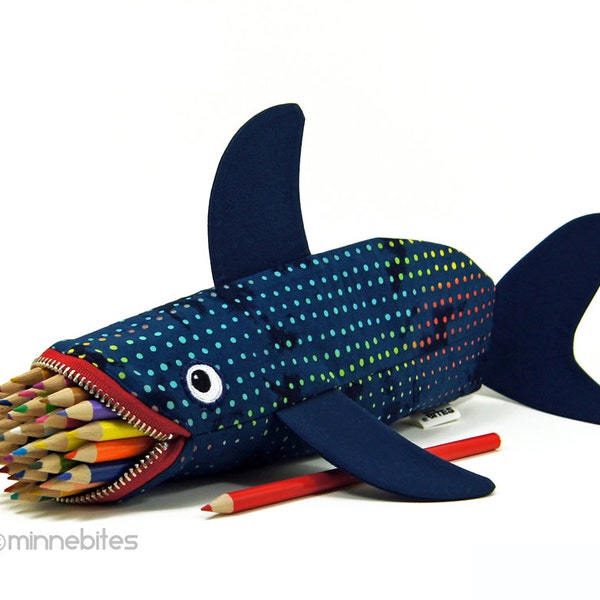 LAST ONE Shark Case by MinneBites / Geeky Gift for Guys - Handmade Navy Blue Fish - Pencil Case - Desk Accessory - 100% Donation to Ocean