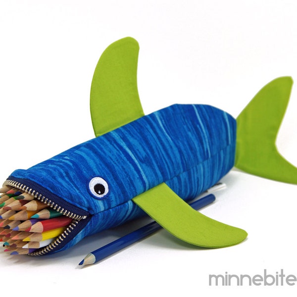 Shark Pencil Case by MinneBites / Handmade Artist Gift - Desk Accessory - Toddler Toy Bag - Blue Green College School Pouch - Personalized