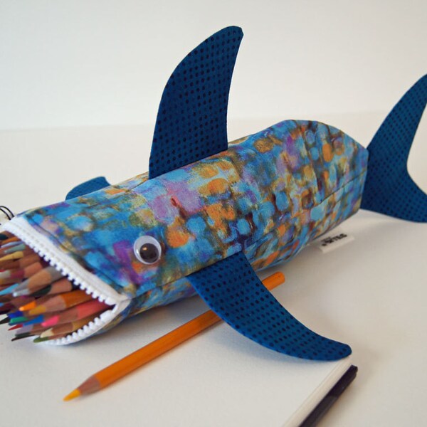 CLEARANCE - Shark Pencil Case - Shark Bag - Zipper Pouch - Cute Gift: Impressionistic Shark Bite