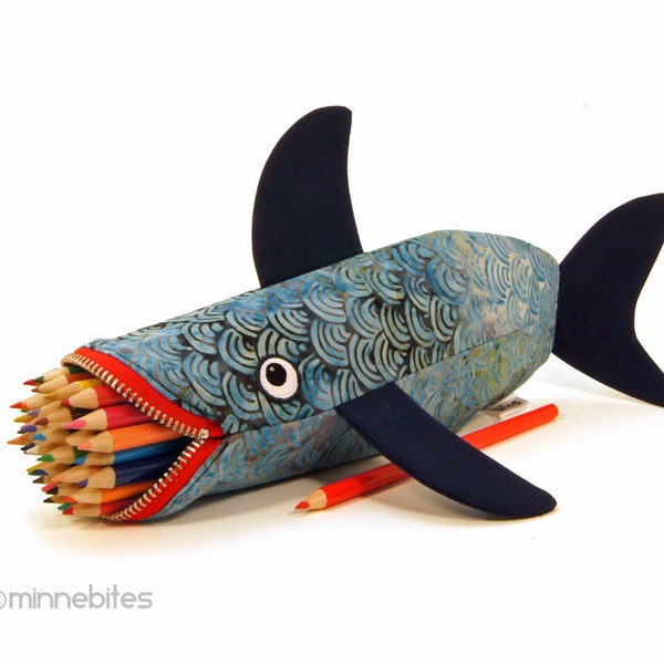 Best Seller. Nautical Zipper Pouch, Shark Pencil Case. Gift for Dad Who Has Everything. Navy & Red.