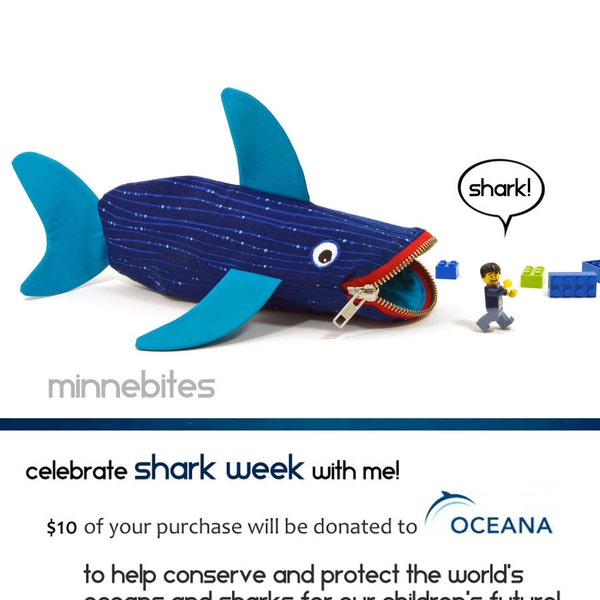 Proceeds to Ocean Conservation - Shark Case by MinneBites / Desk Organizer Bag - Kids Nautical Pencil Kit - Scuba Diver Gift - Blue Fish Bag