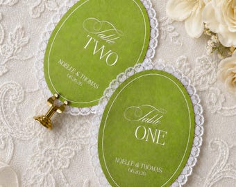 Sage Green Wedding Table Numbers, Lace Oval Table Number Signs, Personalized Romantic Reception Decor
