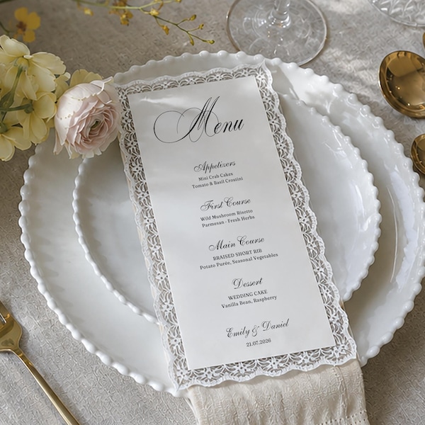 Custom Lace Menu Card, Romantic Wedding Dinner Menu, Vintage Table Setting Decor