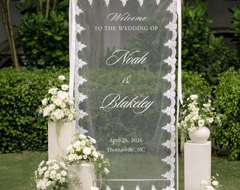 Personalized Sheer Tulle Wedding Welcome Sign: Lace Trim